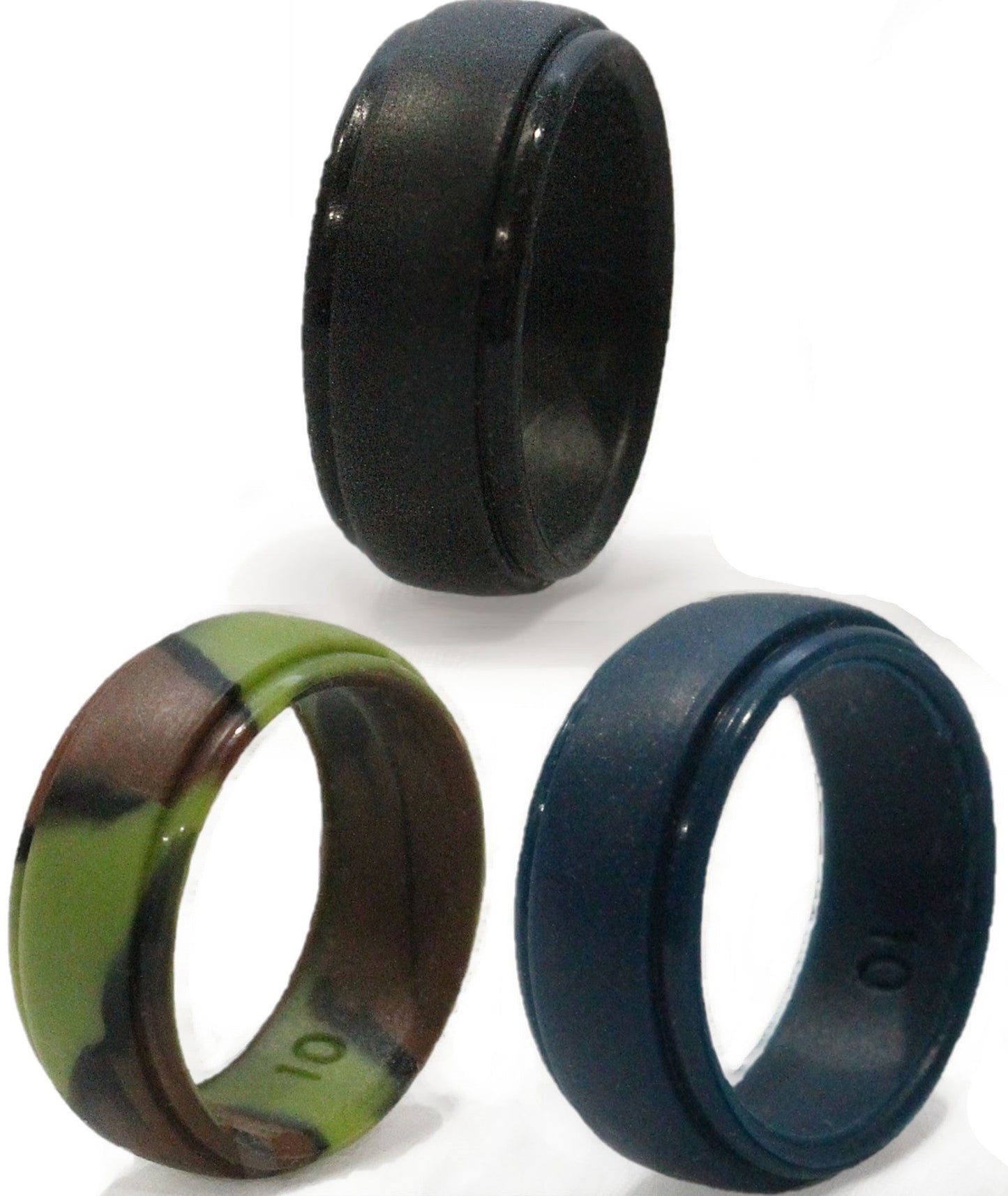 Silicone Wedding Rings for Men Three Color Pack Black Blue Camo Standard and Large Sizes