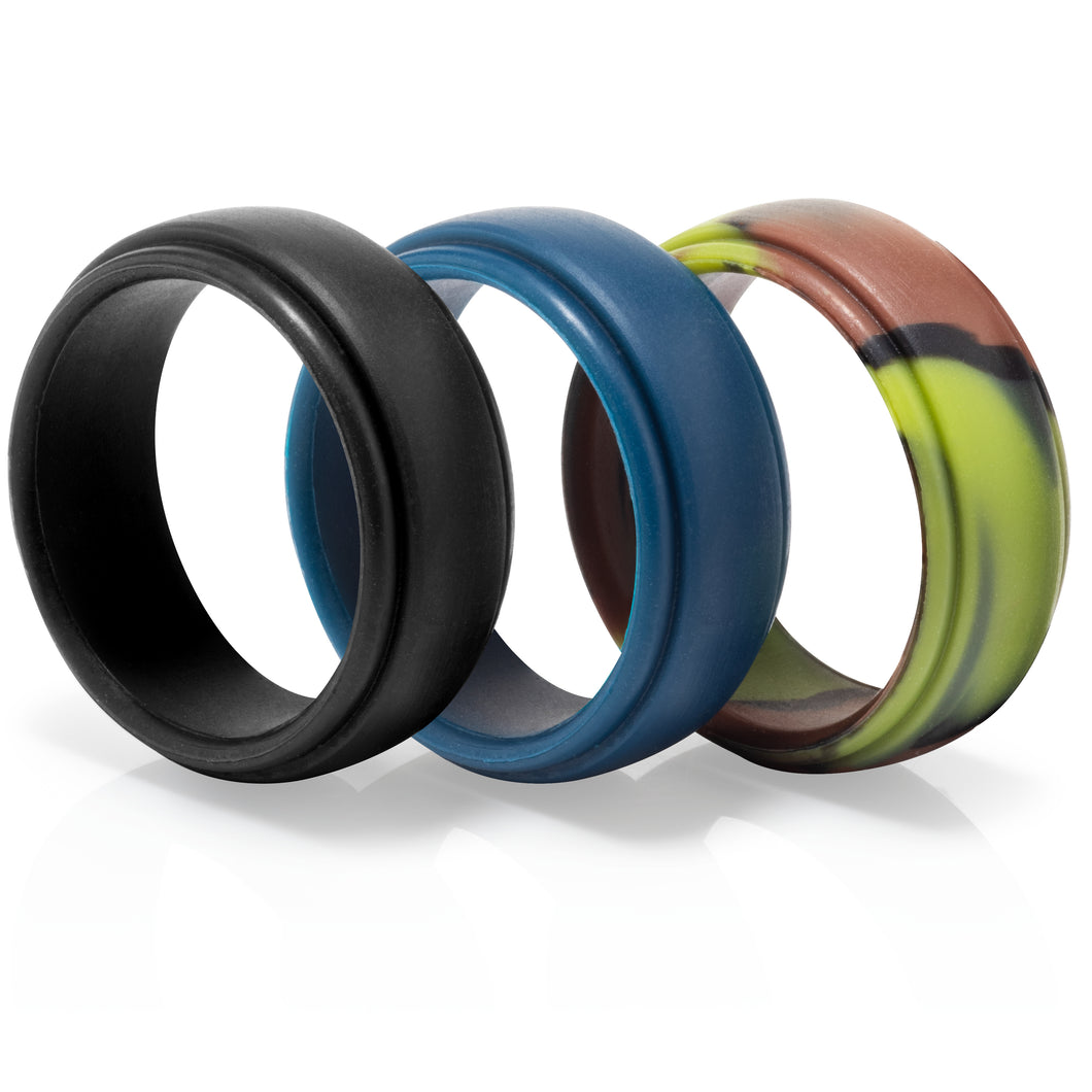Silicone Wedding Rings for Men Three Color Pack Black Blue Camo Standard and Large Sizes