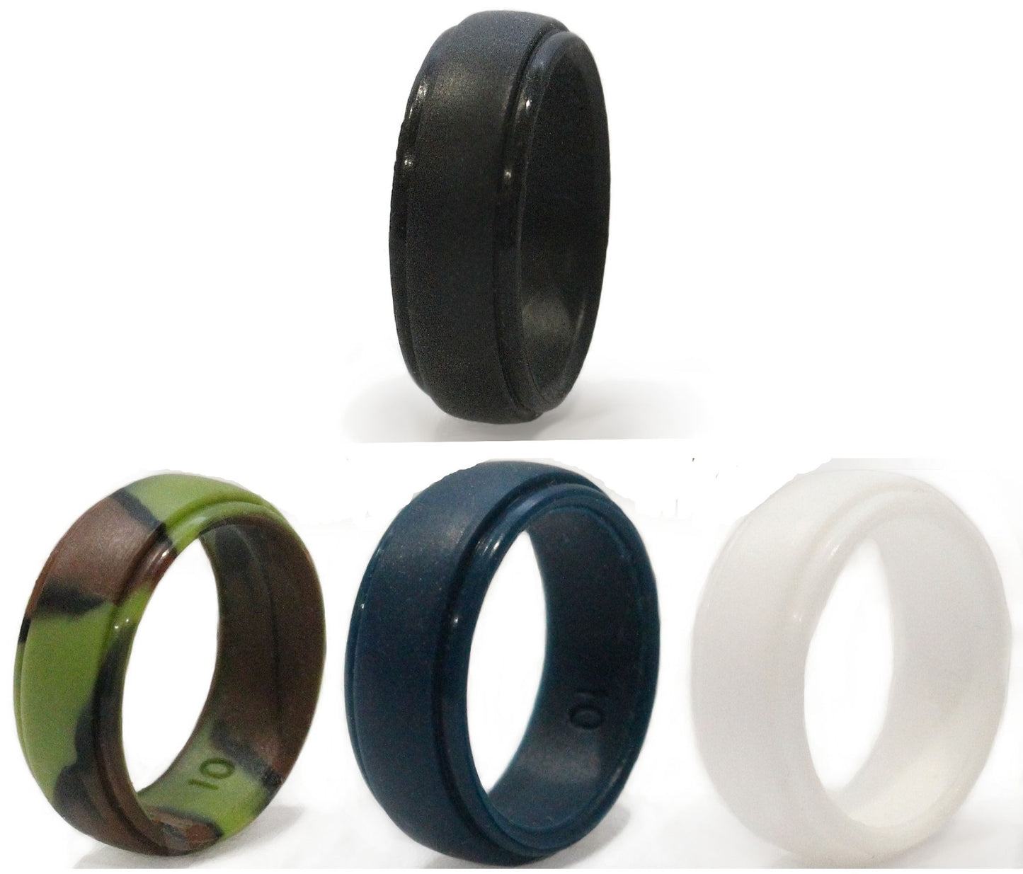 Silicone Wedding Rings for Men Four Color Pack Black Blue Camo White