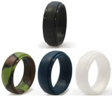 Load image into Gallery viewer, Silicone Wedding Rings for Men Four Color Pack Black Blue Camo White
